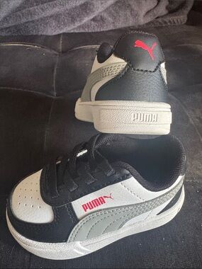 Puma Kids Black White Gray Sneakers with Red Logo